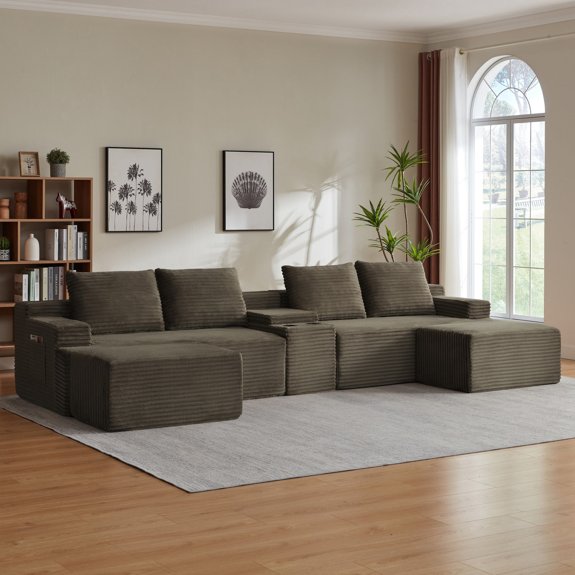 BSHTI 140.6" 5-Seat Corduroy U Shape Sectional Sofa with Cup Holder, Modular Design, No Assembly for Living Room（Brown）