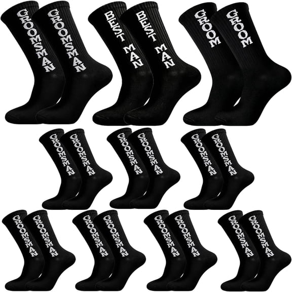 10 Pairs Groomsmen Funny Socks for Wedding, Black Crew Socks with Best Man and Groom Messages