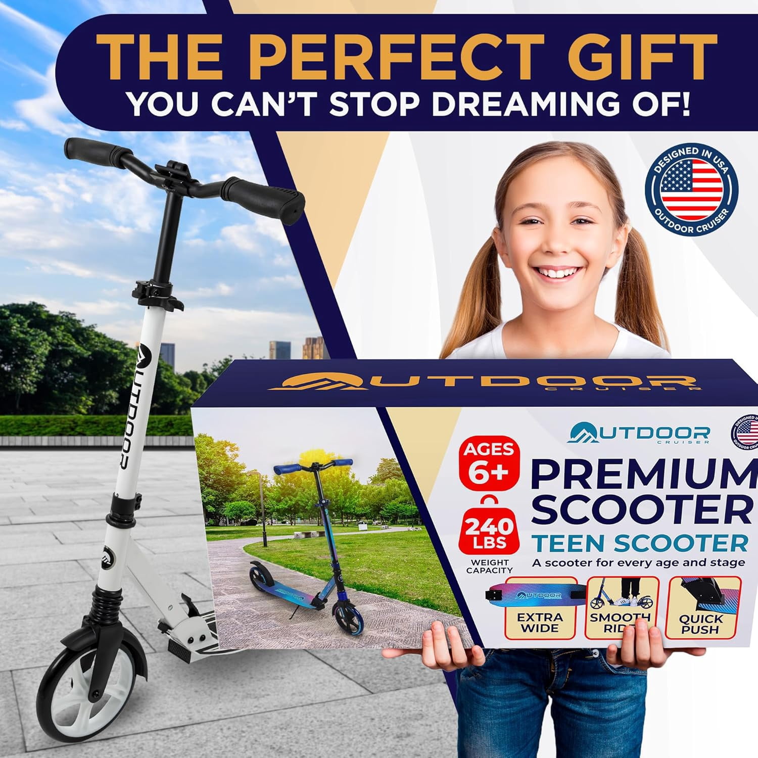 OutdoorCruiser Kick Scooter for Ages 6+, Kids, Teens & Adults, Foldable, Dual Suspension, 3-Level Adjustable Handlebar, Child Safety Approved, White