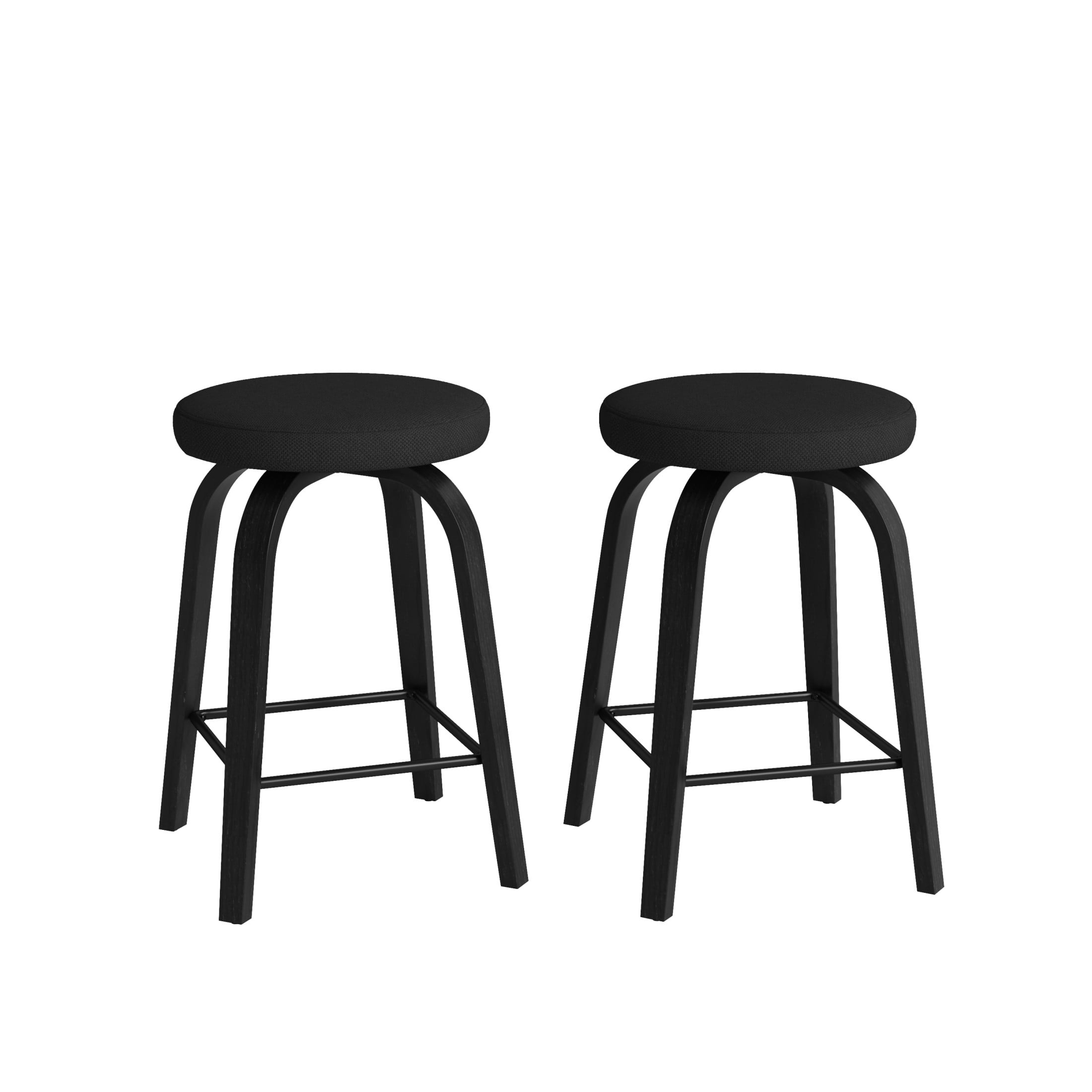 Noble House Florin 26" Swivel Backless Counter Height Bar Stools with Upholstered Seat & Bentwood Legs, Black, Set of 2