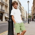 thumbnail image 4 of oelaio Boy's 2 Pieces Clothes Set Cotton Linen Summer Beach Outfits Short Sleeve Henley Shirts and Shorts Vacation Sets for Kids Green 9 Years, 4 of 6