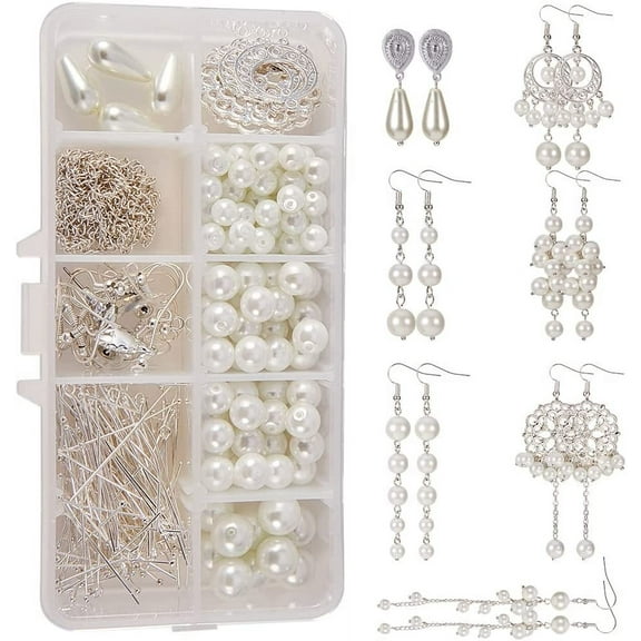 1 Box DIY 8 Pairs White Pearl Drop Dangle Long Earring Making Starter Kit Pearls Ball Jewelry Supplies Craft Set for Beginners Women Instruction White