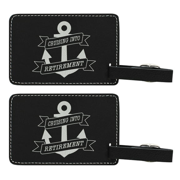 ThisWear Funny Luggage Tags for Women Nautical Theme Cruising Into Retirement 2-pack Laser Engraved Leatherette Luggage Tags Black