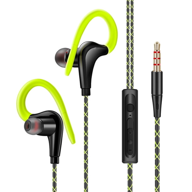Injueey Auriculares deportivos Fitness con cable Auriculares impermeables con control por cable Aislamiento de ruido Auriculares intrauditivos con gancho Cables de audio/vídeo Verde
