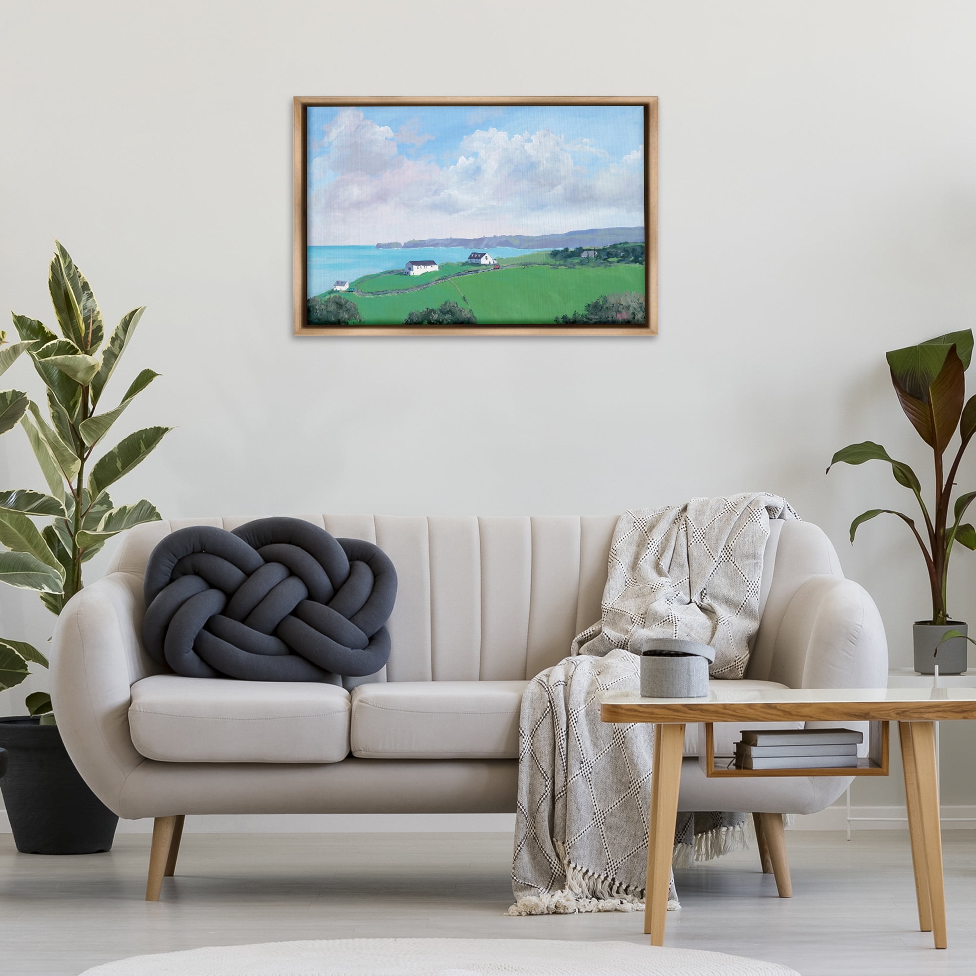 Stupell Industries Coastal Farm Houses Landscape Painting Brown Floater Framed Art Print Wall Art, 31 x 21