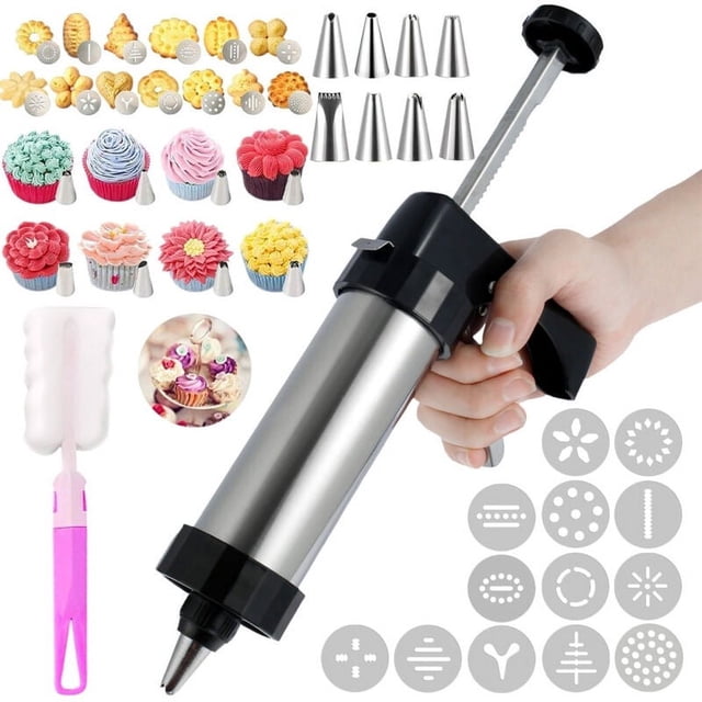 QJUHUNG Cookie Press Stainless Steel Cookie Maker Machine with 13 Discs and 8 Icing Tips Cleaning Brush Multifunctional Cookie Press Reusable Cookie Maker Kitchen Baking Tool for Cookie M