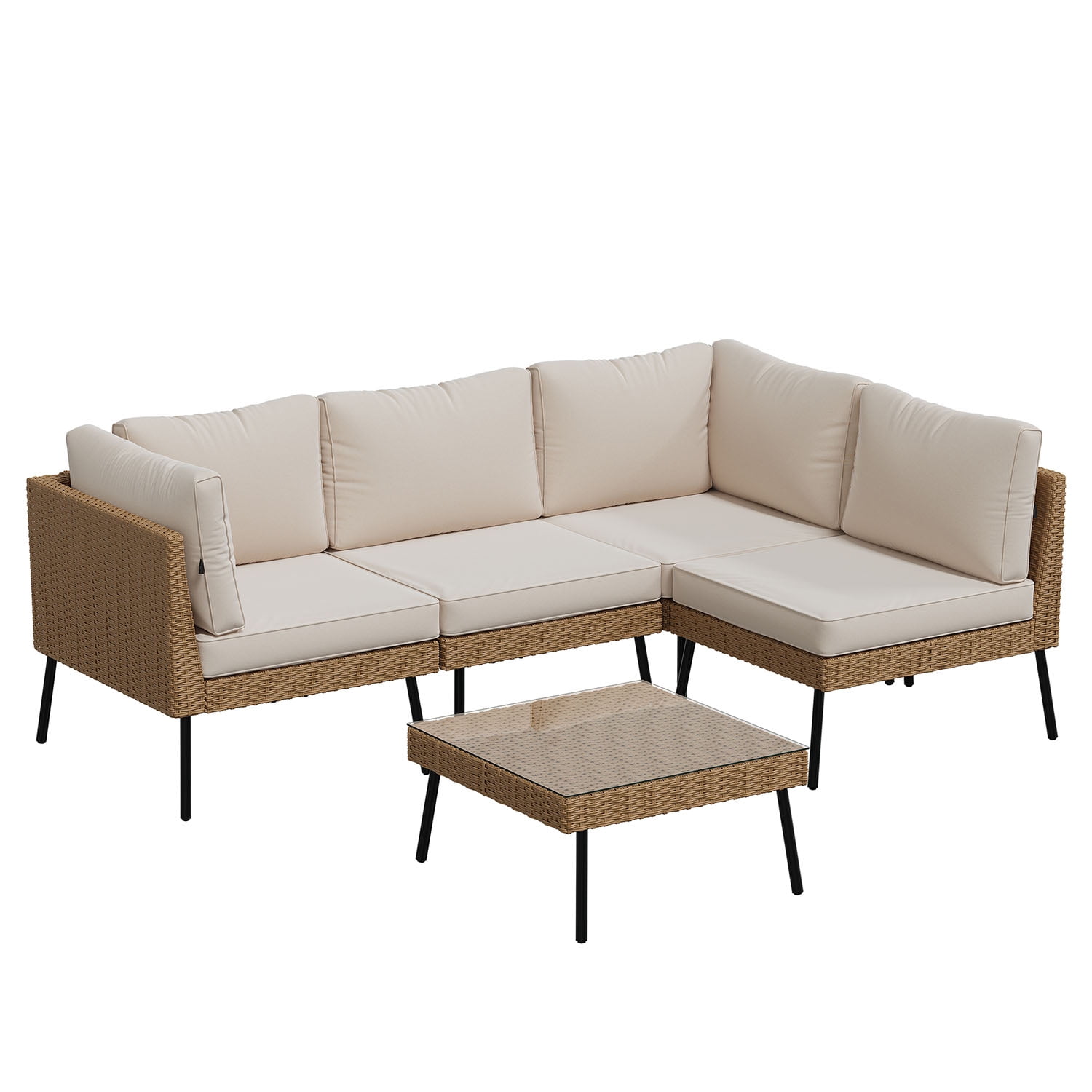 BaPiPro 5-Piece Modular Outdoor PE Rattan Sectional Sofa Set, All Weather Patio Furniture with Removable 4" High Density Cushions & Tempered Glass Coffee Table for Backyard Garden Courtyard, Beige
