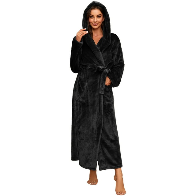 HEARTNICE Womens Fleece Hooded Robe, Soft Full Length Thick Plush Bathrobe House Coat,(Black,L-XL)