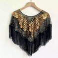 thumbnail image 5 of Women's Fringed Sequined Mesh Cropped Round Neck Shawl Casual Versatile Tassel Cape Small Outer Wear Wrap,Black gold, 5 of 7