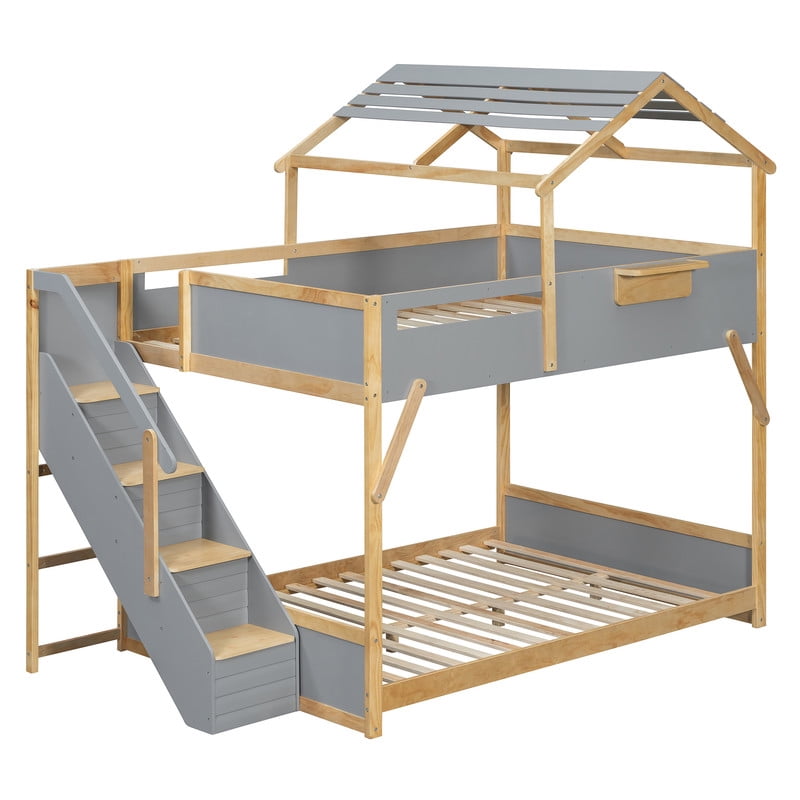 Full Over Full House Bunk Bed with Stairs, 3-Color LED Lights, Built-in Storage Panel, Wood House Bunk Bed Frame for Kids Teens, No Box Spring Needed