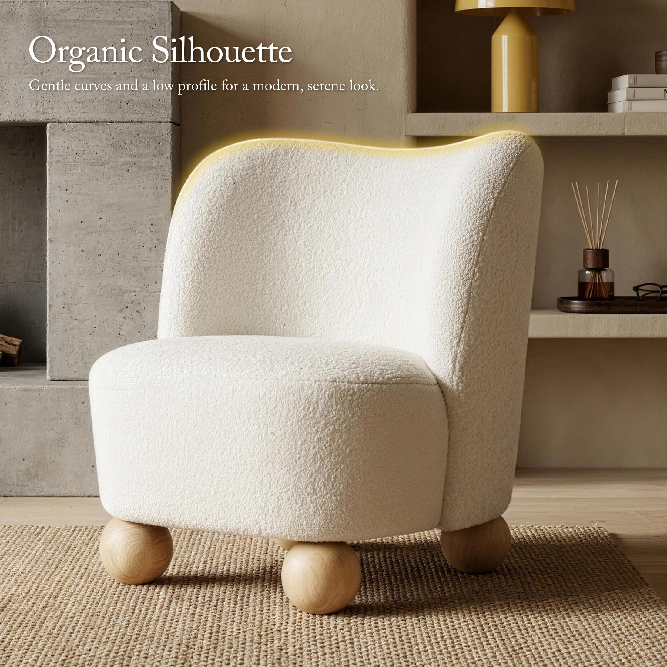 Aenkyo Contemporary Boucle Armless Accent Chair with Sculptural Wood Ball Feet, White