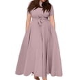 thumbnail image 3 of Laqbezok Elegant Plus Size Women's Fit and Flare Dress, Round Neck Short Sleeve Maxi Dress with Waist Tie, Comfortable Office to Party Pocket Dress, 3 of 8