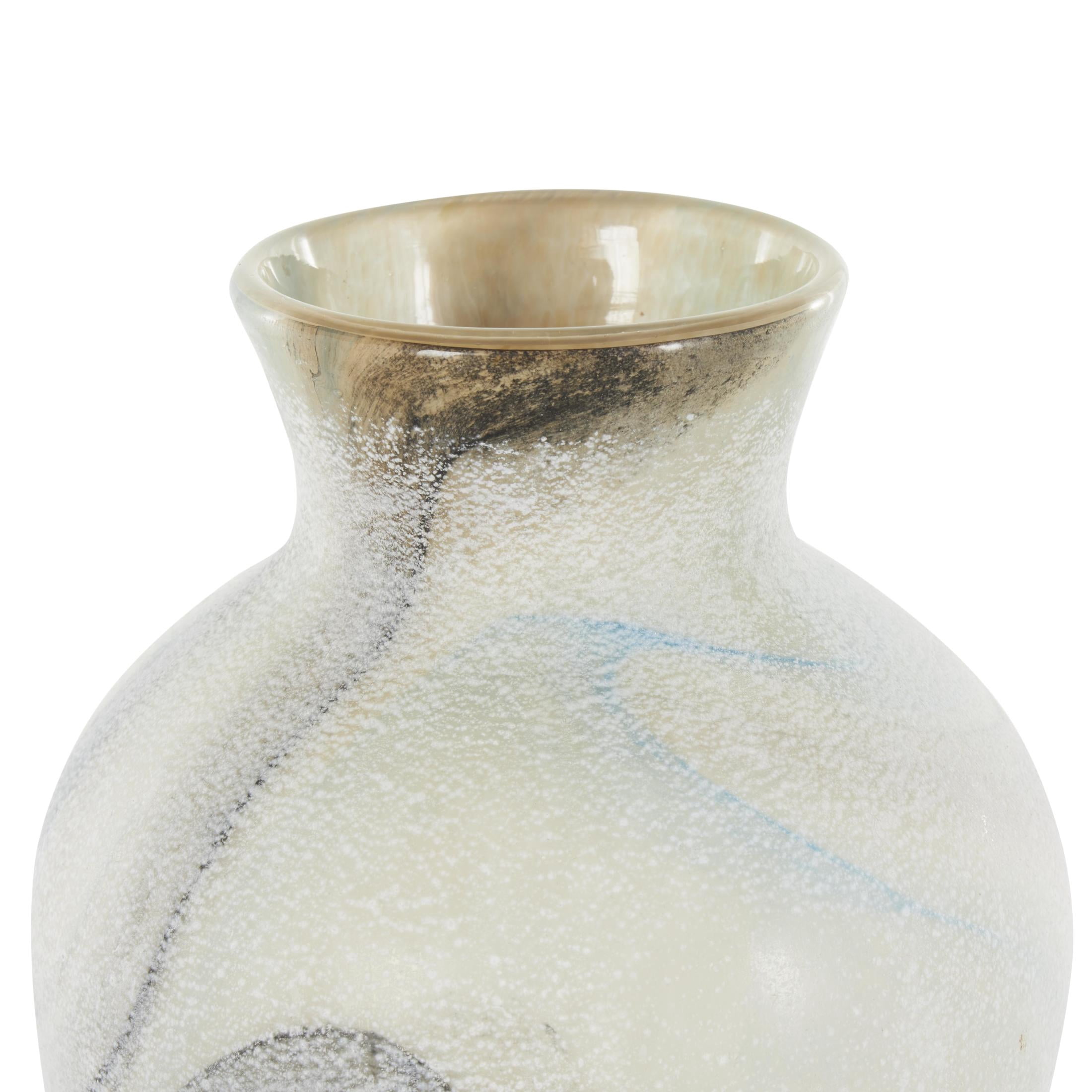 DecMode 12" Distressed Cream Glass Vase with Blue and Tan Texturing