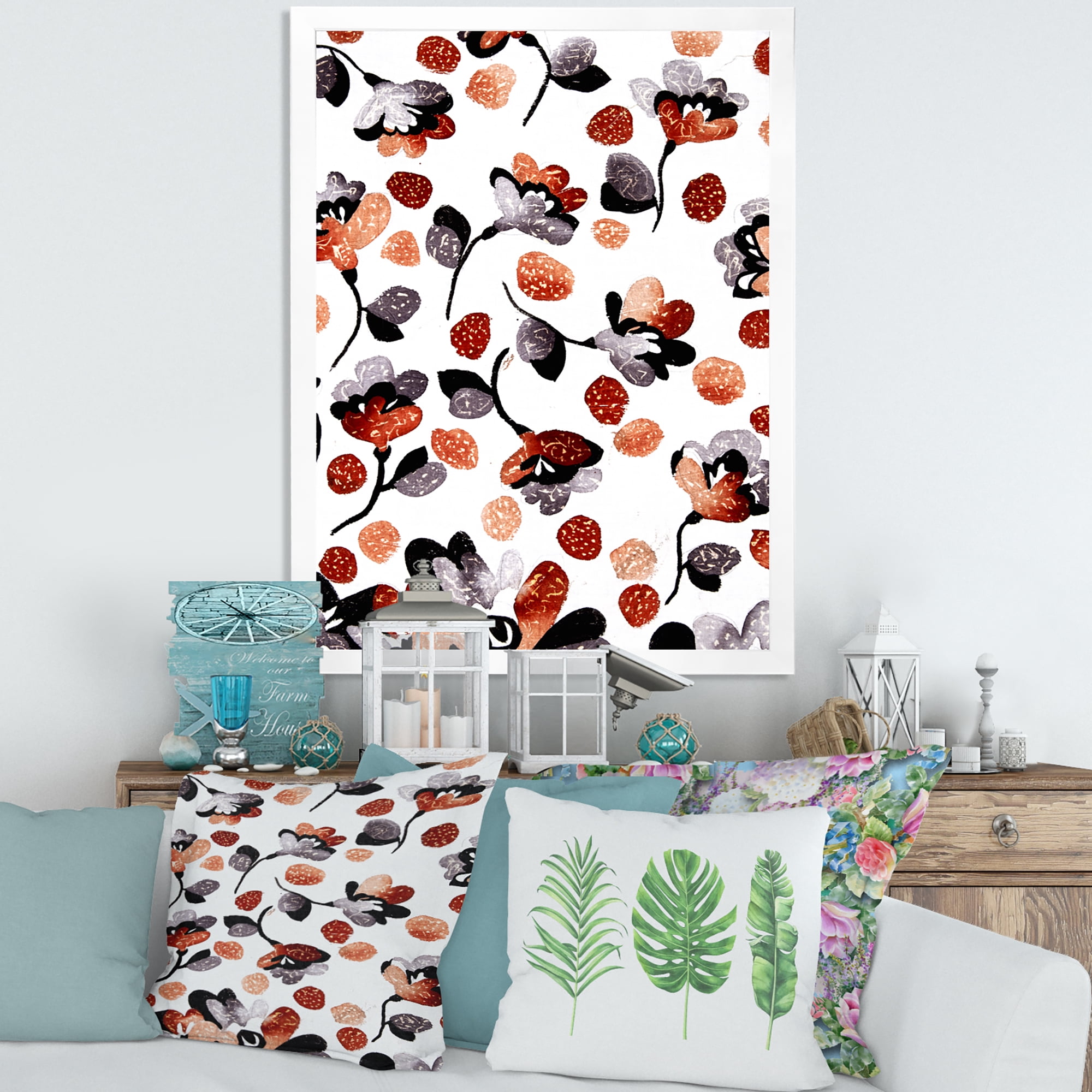Designart 'Modern Flower In Red Blue and Orange' Bohemian & Eclectic Framed Art Print