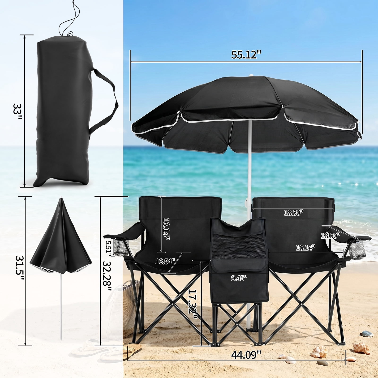 XL Double Folding Fishing Chair with Adjustable Umbrella,Iron Frame Chair with Insulated Cooler Bag, Cup Holder & Side Pocket, Portable 2-Person Outdoor Chair for Fishing Camping Beach