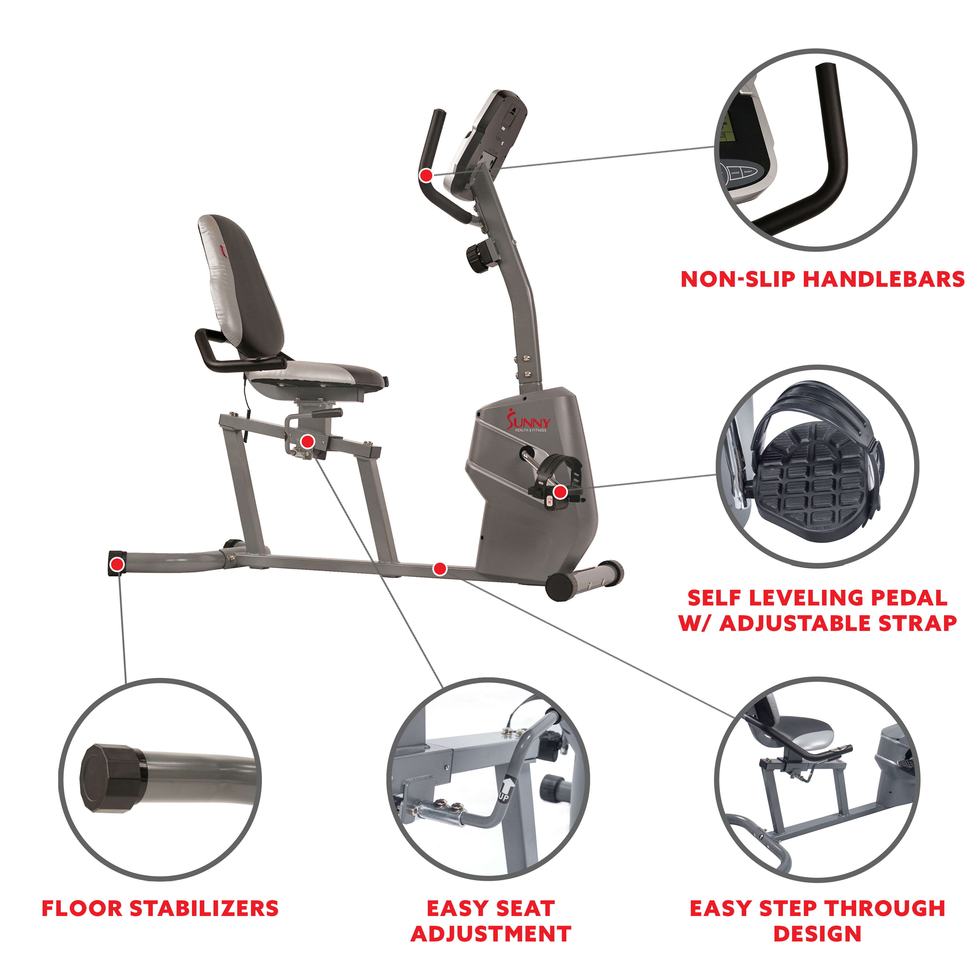 Sunny Health & Fitness Stationary Recumbent Exercise Bike Machine for Home Cardio Training w/Pulse Sensor, LCD Monitor, SF-RB4806 - image 3 of 12