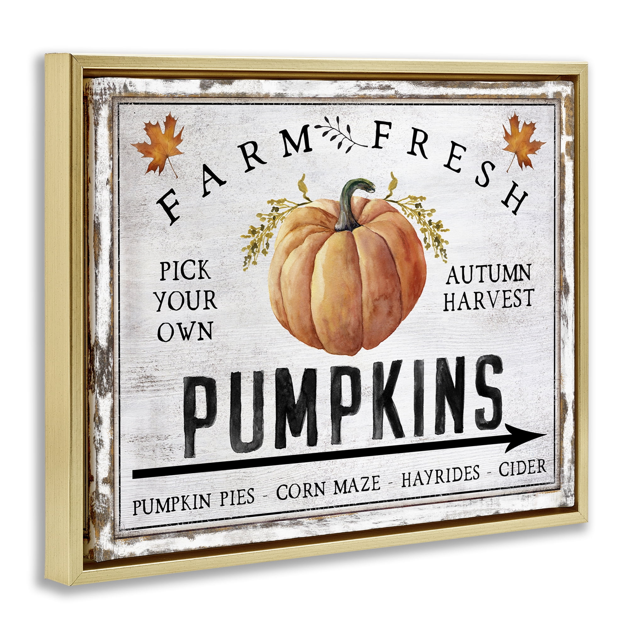 Stupell Industries Farm Fresh Pumpkin Holiday Painting Gold Floater Framed Canvas Art Prints Wall Art, 21 x 17