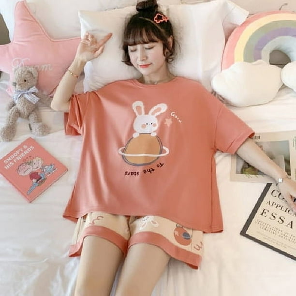Conjunto de pijama de verano de manga corta para mujer, pantalones cortos, ropa de hogar con dibujos animados, holgada, bonita, informal, sencilla y con contraste de color