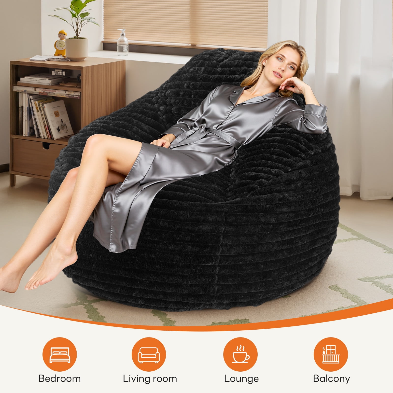 CONCETTA 39ft Sofa Bean Bag Chair, Oversized Beanbag for Adults with Soft Removable Cover, Black