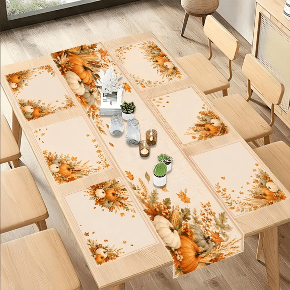 Thanksgiving Table Runner and Placemats Set, 7-Piece Fall Harvest Pumpkin Dining Table Decor, 1 Runner and 6 Placemats, 13 x 71 in