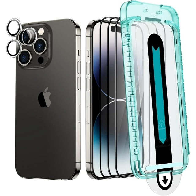 3+1 Pack Ultra-Tough Tempered Glass Screen Protector Set for iPhone - Black Edge and Flawless Fit Tray, 1 Individual Camera Lens Protector