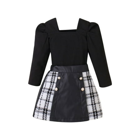 

MIASHUI Kids Girls Outfits Girl Skirts Outfit Ribbed Long Sleeve Tops Plaid Pattern Skirt Beret Baby Princess Dress Kids 3PCS Girls Clothes Black 18-24 Months