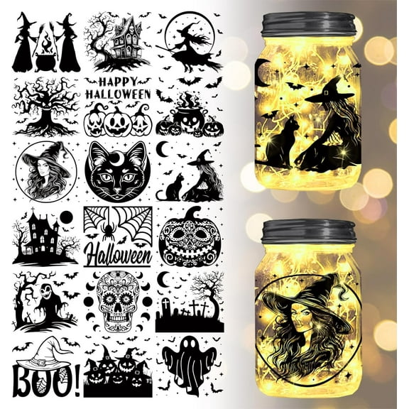 18Pcs Halloween Transfer Stickers 3.9x3.6inch Witch and Black Cat Decals Stickers Ghost House Rub on Transfer for Mason Jars Furniture Vase Glass Decorations Art Crafts DIY