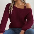 thumbnail image 3 of Duoif Sweaters for Women Trendy Women's Fall/Winter Casual Metal Buckle Spliced Off The Shoulder Sleeve Pullover Sweater Women's Sweaters Womens Tops Red L, 3 of 8