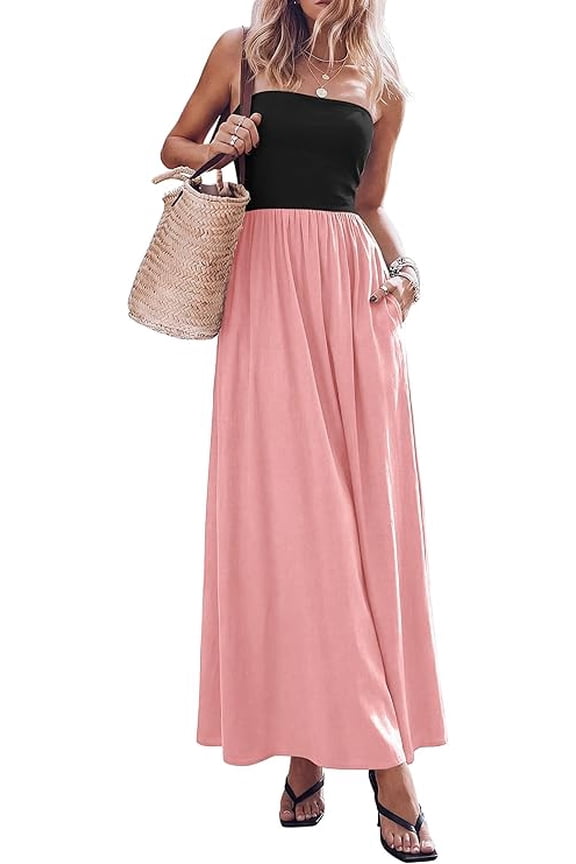 Women's Spring Strapless Maxi Dresses Patchwork Long Flowy Pockets Elegant Going Out Summer Tube Top Dress