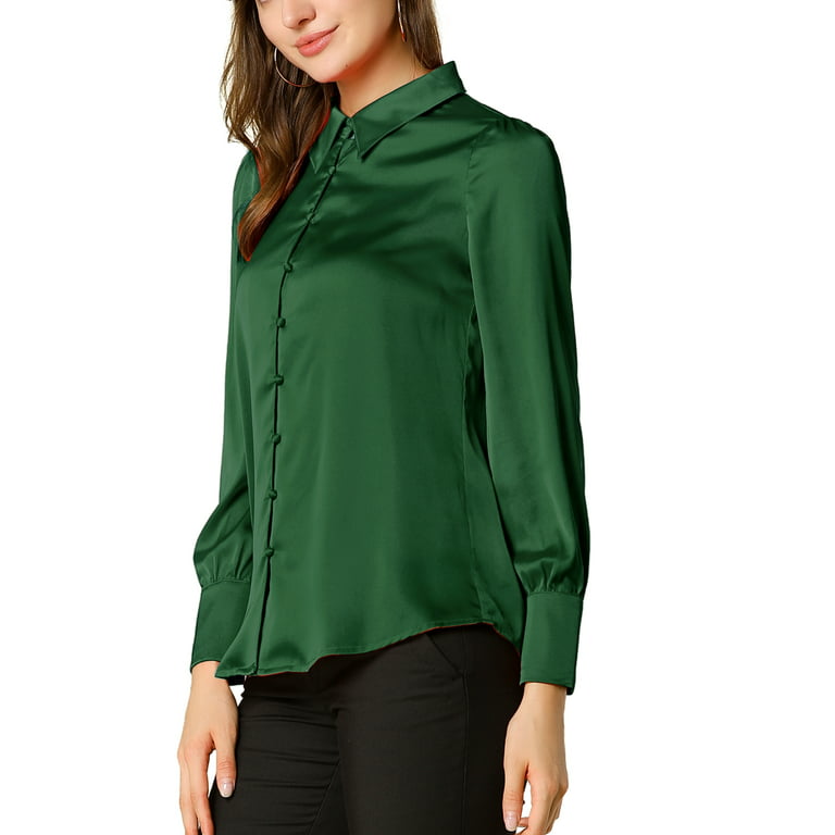 Allegra K Women's Work Point Collar Puff Long Sleeve Button Satin Shirt