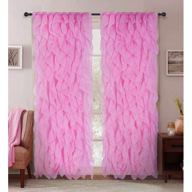Sapphire Home 2 Cascade Curtain Panels, Pink Ruffle Curtains 95 Inch