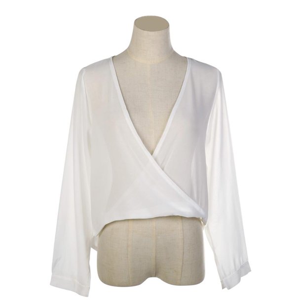 Blusas De Mujer Blusa De Manga Larga De Gasa Con Cuello En V Profundo Sexy Blanco M Tmvgtek Mujer