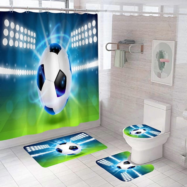 4 Pieces Football Shower Curtains with Non-Slip MatGlobes, Toilet Lid and Bath Mat, Vintage Waterproof Bathroom Shower Curtain with 12 Hooks