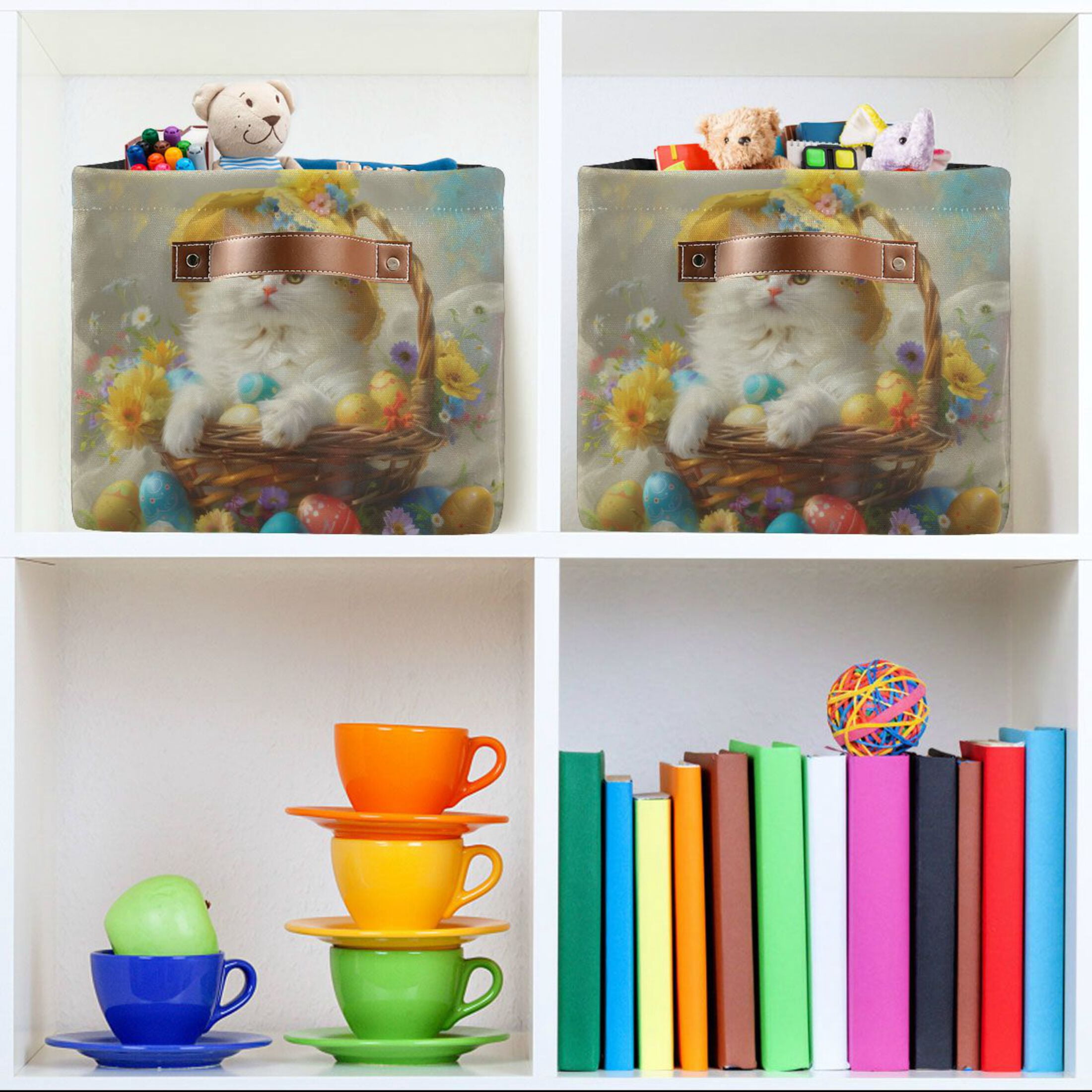 Storage Bins with Handle Fabric Organizer Basket Foldable Box 1 Pack Easter Egg with Cat 14.2x10.2x8.3