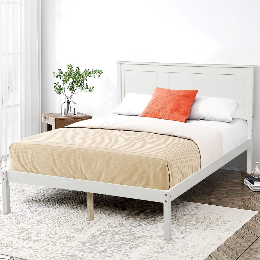 Full Bed Frame, White Wood Platform Bed Frame with Headboard, Modern