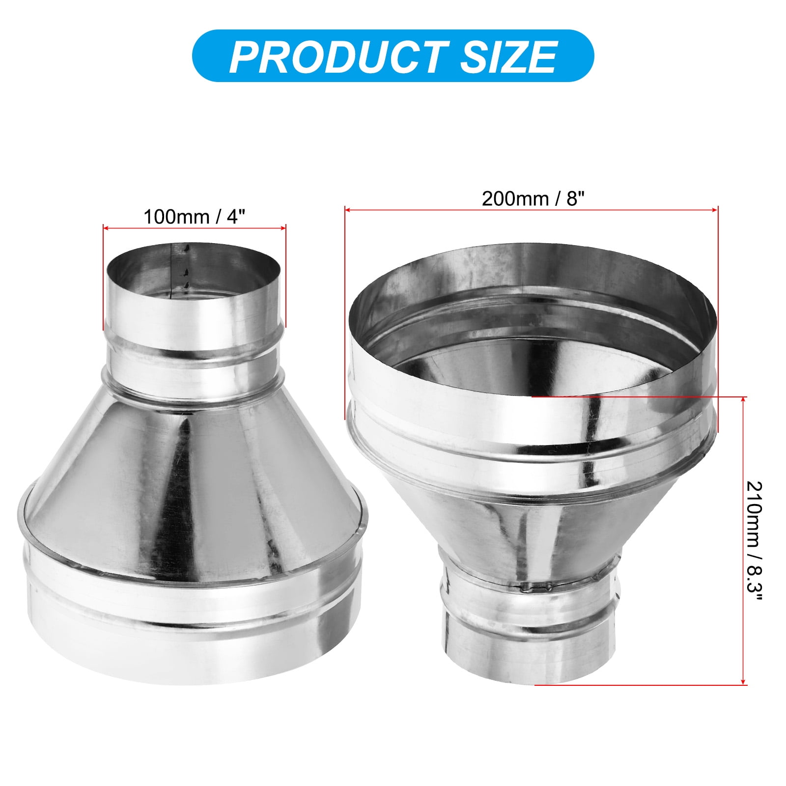 Uxcell 8 Inch to 4 Inch Round Duct Reducer, Galvanized Steel Adapter Pipe Fitting, Silver Tone
