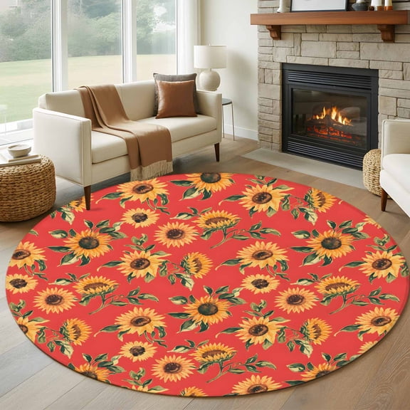 Round Rugs 5Ft, Yellow Sunflower Round Area Rug Washable Indoor Throw Carpet, Vintage Floral Garden Pastoral Botanical Soft Non Slip Circle Rug for Cabinet Bathroom Home Decor Aesthetic