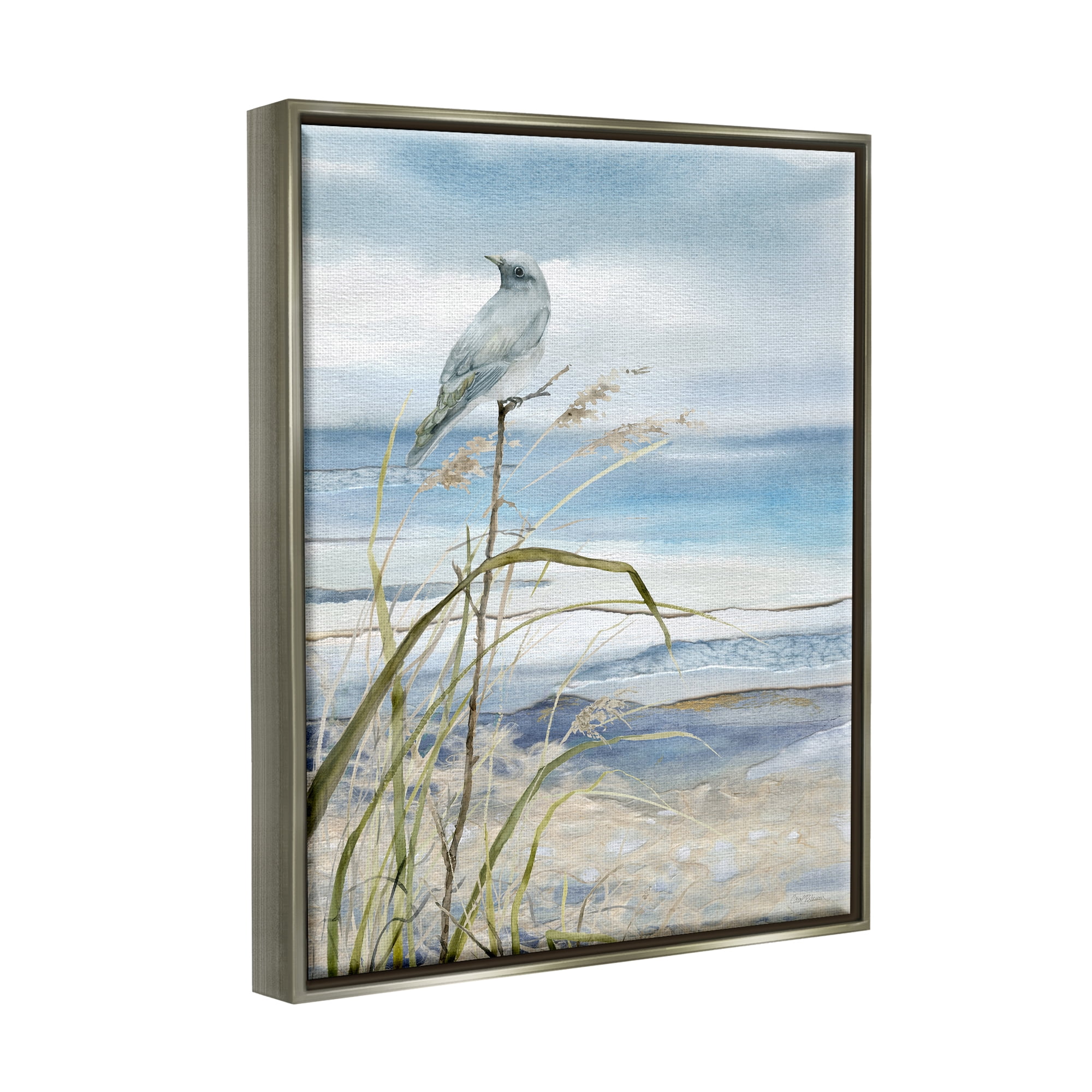 Stupell Industries Bird on Beach Shore Animals & Insects Painting Gray Floater Framed Canvas Art Print Wall Art, 25 x 31