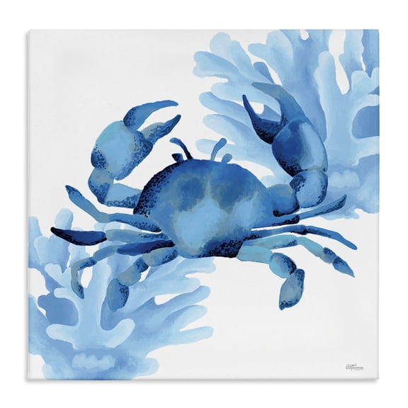 Stupell Industries Blue Tone Crab & Coral Animals Painting Wrapped Canvas Canvas Art Print Wall Art, 17 x 17