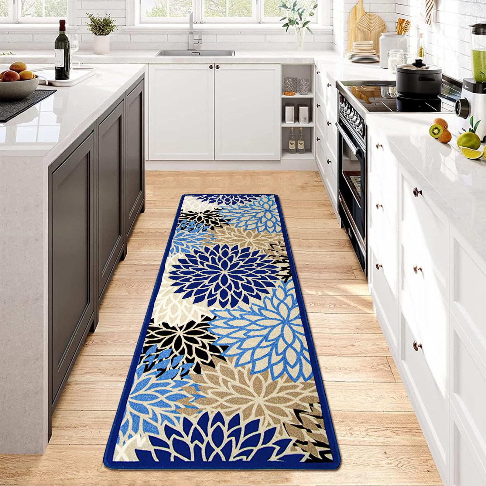 Runner Rugs for Hallway, Yamaziot 2'x6' Laundry Room Mat, Washable Non Slip Kitchen Rug, Floral Bathroom Floor Carpet Doormat, Blue
