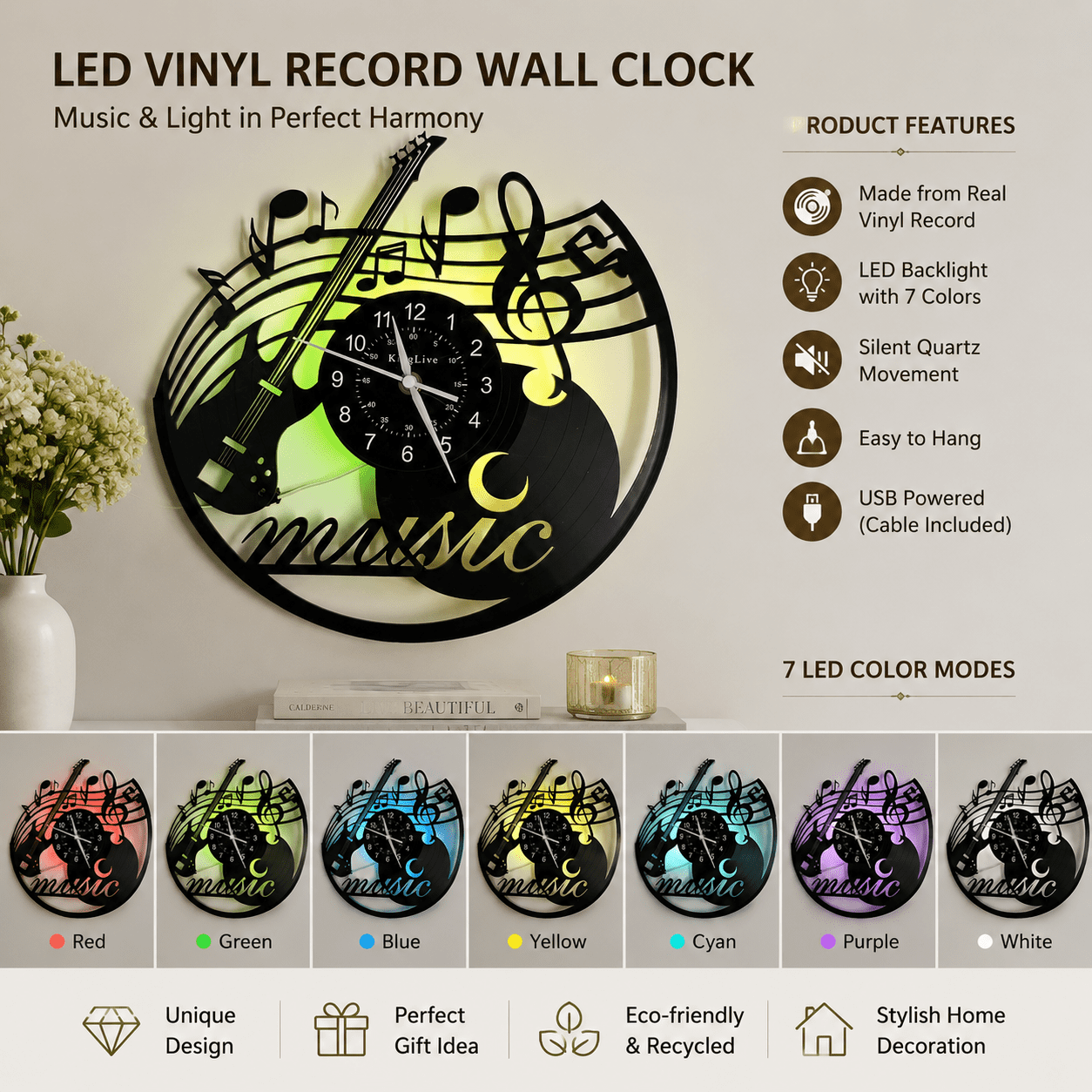 Guitar Vinyl Record Wall Clock with 7-Color LED Night Light, Silent Non-Ticking Music Theme Home Decor, Unique Music Lovers Gifts for Men Women Friends