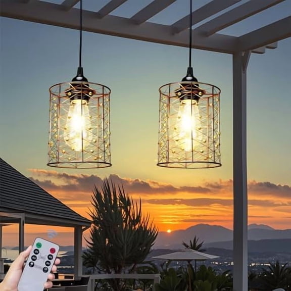 Battery Operated Hanging Outdoor Chandelier, Battery Power 5′′×6′′ Pendant Light, Gazebo Lights Outdoor, 4 AA Batteries, for Gazebo, Pergola, Porch, Patio, Indoor Outdoor Decor Lighting (2)