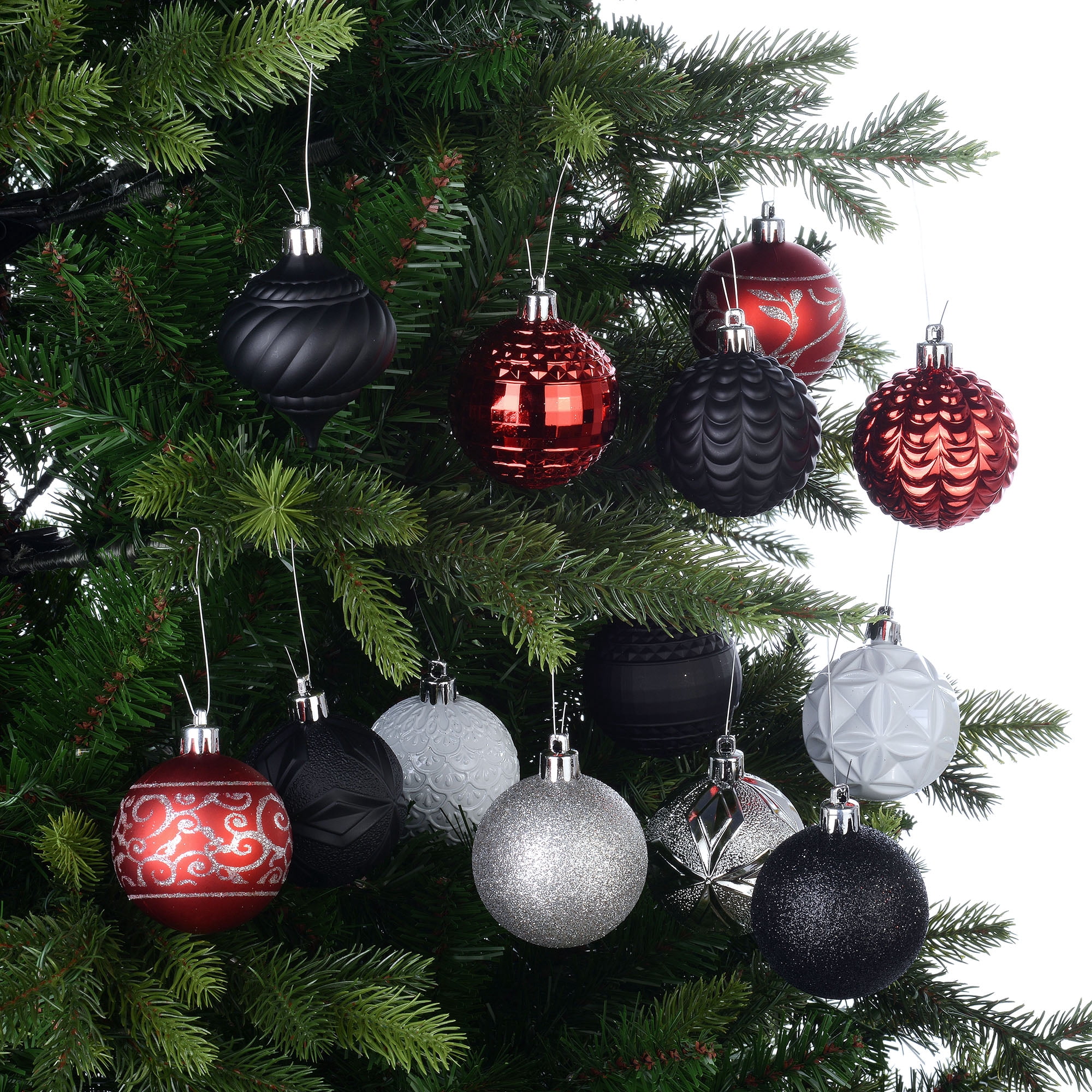 Holiday Time 60 mm Christmas Shatterproof Ornaments, Red, Black, White, & Silver, 40-Count