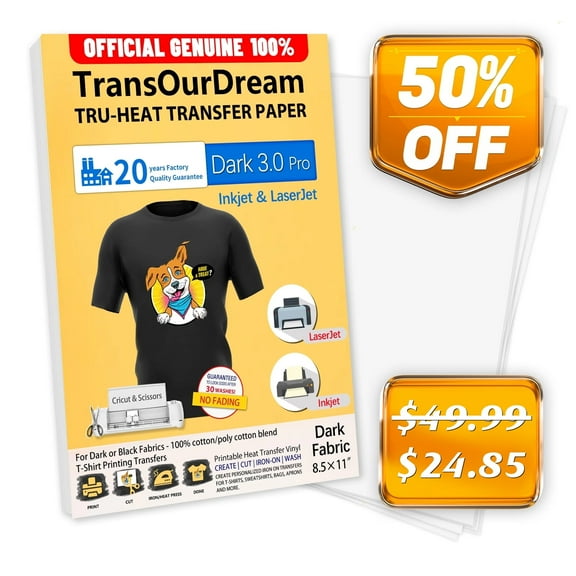TransOurDream Printable Iron on Heat Transfer Paper for Dark Fabrics, Laser & Inkjet Printable, 8.5x11", 20 Heat Transfers