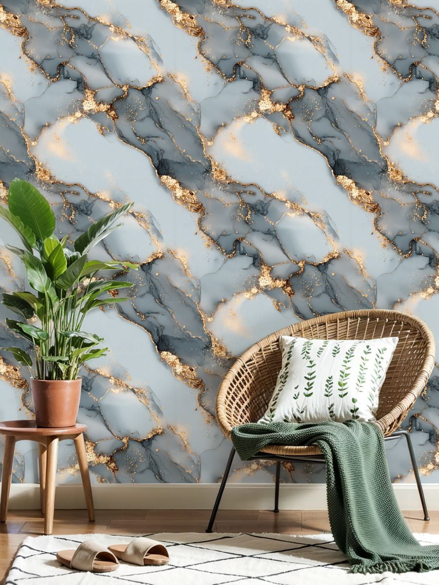 Peel and Stick Wallpaper Elegant Blue Gold Marble Abstract Art Fluid Patterns Wall Mural 23.6in x 9.8ft Self Adhesive Removable Wall Paper Renter Friendly Wallpaper for Nursery Bedroom Cabinets