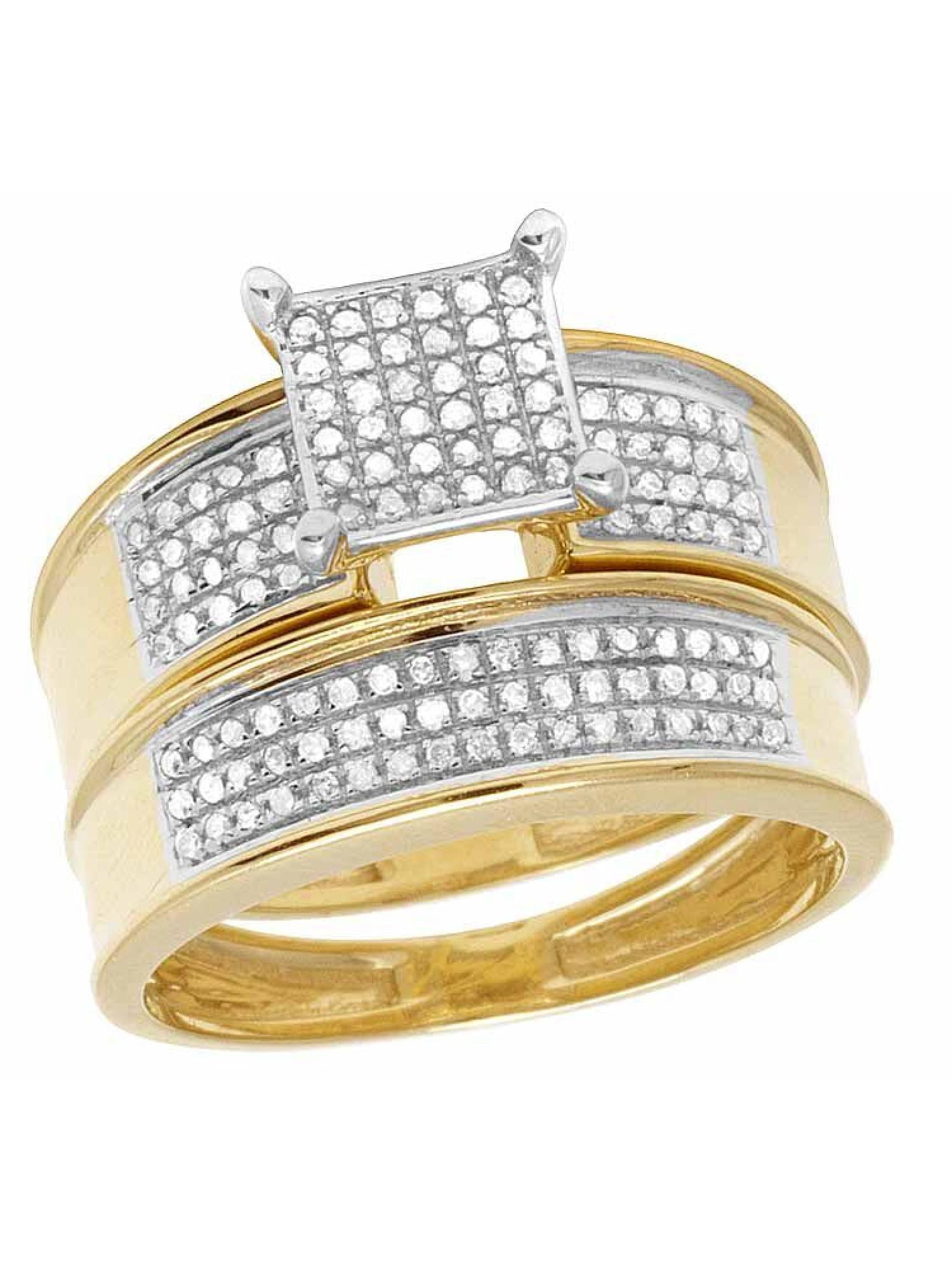 10K Yellow Gold Real Diamond Two Piece Square Bridal Wedding Ring Set 2