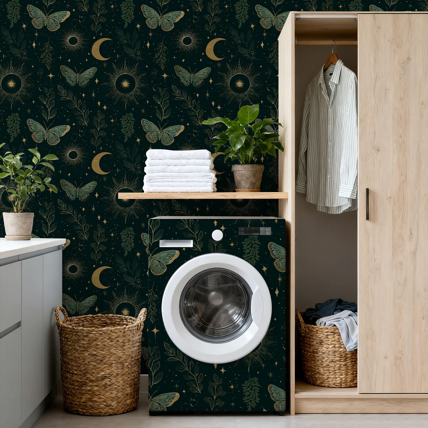 Peel and Stick Wallpaper 17.7in x 9.8ft Butterflies Floral Moon Phases Gold Accents Contact Paper Vinyl Waterproof Self Adhesive Wall Paper for Bedroom Shelf Cabinet Renter Friendly