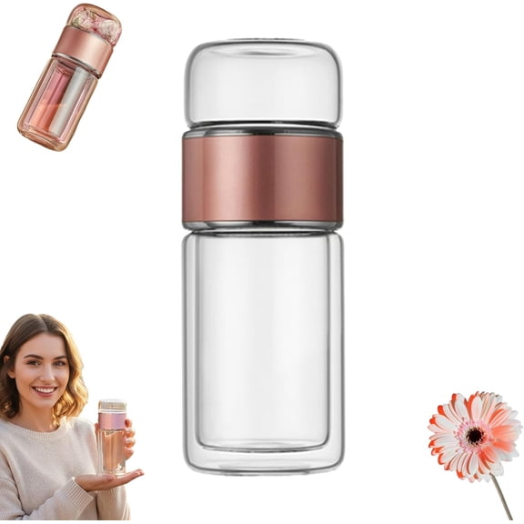 Glass Tea Infuser, 3-in-1 Smart Flip-Up Double Wall Glass Infuser Bottle with Built-in Filter, 420ml Leak-Proof Heat Resistant Design for Precise Blooming & Loose Leaf Tea Brewing