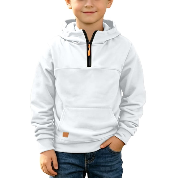 BLVB Hoodies for Boys Quarter Zip Pullover Teen Fleece Plain Hooded Sweatshirt Fashion Kids Fall Winter Clothes with Pocket(White,14-15 Years)