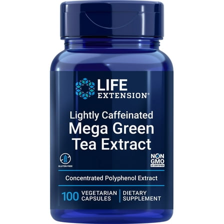 Life Extension Lightly Caffeinated Mega Green Tea Extract, 98% EGCG Polyphenols - Supports Cell, Heart & Brain Health - Gluten-Free, Non-GMO - 100 Vegetarian Capsules